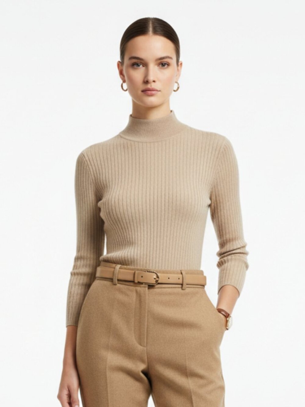 Jex Tan Long Sleeve Cotton Blend Mock Turtleneck Sweater Top M